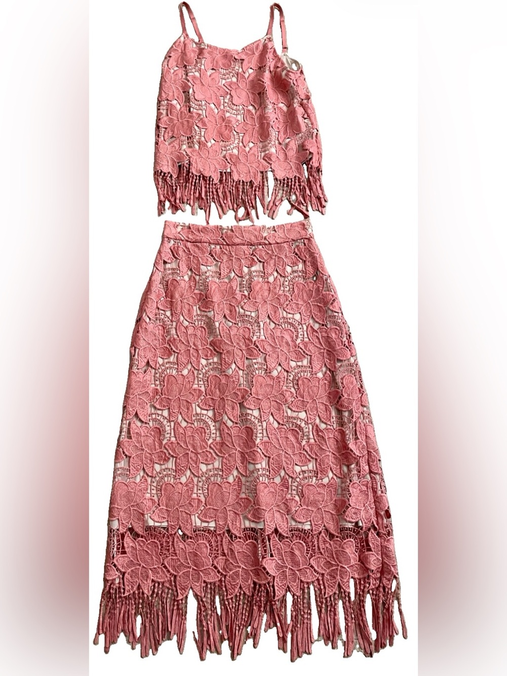ALICE + OLIVIA Lace Fringe MIDI Skirt and Cami Top Set Size 0